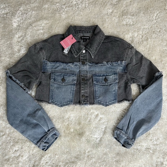 PLT washed grey double layered denim cropped jacket - Picture 1 of 3